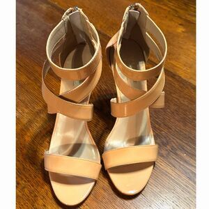 Artelier Nicole Miller Taupe/Nude Paten Gold Zipper Stiletto Heels Size 8M